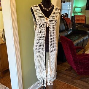Bohemian Crochet Sleeveless Long Shrug Cover with Tassels & Wooden Accents